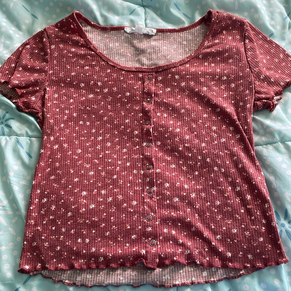 Hippie Rose Lettuce Trim Ribbed Short Sleeve (Size: M)